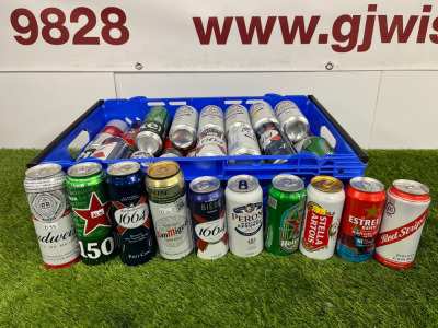 Crate Containing 52 x Cans of Assorted Lagers to Include: 8 x San Miguel, 568ml, 5 x Budweiser, 568ml, 5 x Heineken, 568ml, 6 x Red Stripe, 440ml, 7 x Stella, 440ml, 7 x Estrella, 440ml, 9 x Peroni, 440ml, 5 x Kronenberg, 440ml. NOTE: crate not included.