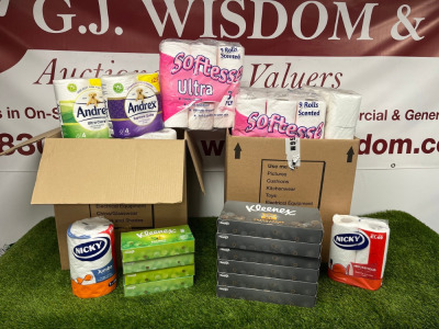 34 x Assorted Toilet Rolls, Kitchen Rolls & Tissues to Include: 19 x Packs of Toilet Rolls, 5 x Kitchen Rolls & 10 x Boxes of Tissues.