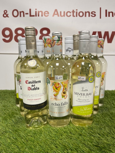 12 x Bottles of Assorted White Wine to Include: The Shy Pig, Casillero Del Diablo, Echo Falls, 75cl.