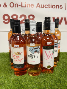 12 x Bottles of Assorted Rose Wine to Include: VR, The Shy Pig, Black Tower, Straw Hat, 75cl.