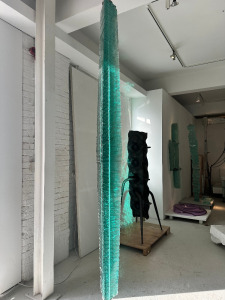 Danny Lane Hanging Glass Sculpture "Vesica", each layer consists of 12mm Glass Layers. Size Height 272cm x Widths 16cm & 26cm. NOTE: Assembled in Studio (Condition As Viewed).