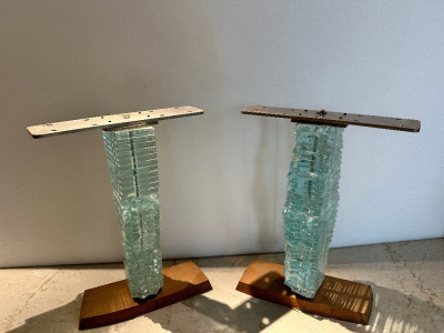 2 x Danny Lane Glass Sculpture & Wooded Table Pedestals (no tops). Size Height 69cm.