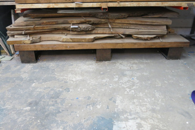 Shelf Containing 8 x Slabs of Oak. Size Approx L3M x W80cm x Thickness 7cm.