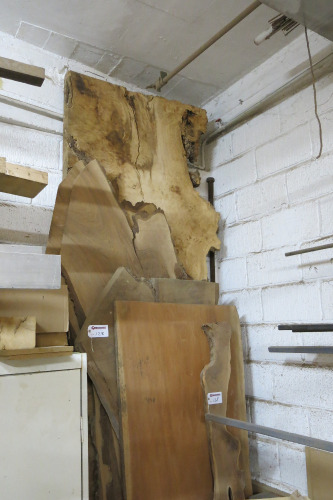 Shelf Containing 5 x Slabs of Timber. Size L3M x W50-70cm x Thickness 5-7cm.