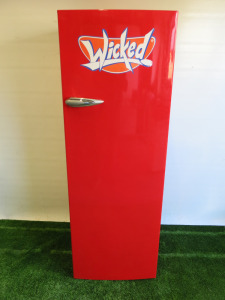 Bush Retro Single Door Upright Fridge/Freezer in Red. Model BRTL6070R, S/N 340GKDUEFW. Size H172cm, W60cm, 56Dcm.