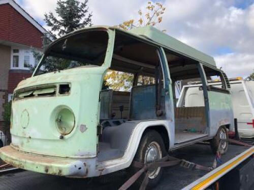 XAB 762M: 1973 Volkswagen Type II T2b Bay Window Camper. VIN No 2132237703, Engine No AD883032.