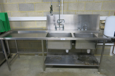 Stainless Steel Double Bowl Sink Unit with Swan Neck Taps, Pre Rinse with Lever Taps & Shelf Under & L/H Drainer. Size H126 x W240 x D80cm.