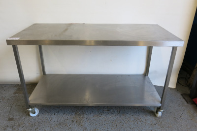 Stainless Steel Prep Table on Castors with Shelf Under, Size H90 x W150 x D70cm.