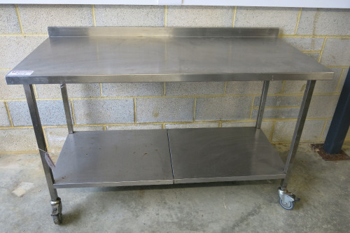 Stainless Steel Prep with Shelf Under on Castors, Size H90 x W150 x D70cm.