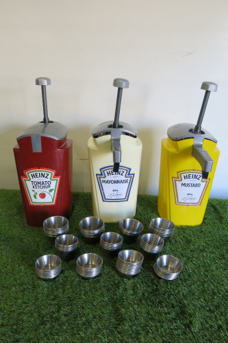 3 x Heinz Dispensers to Include: 1 x Tomato Sauce, 1 x Mustard & 1 x Mayonnaise & Approx 95 Assorted Sized Metal Sauce Containers.