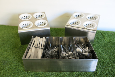 2 x Stainless Steel Metal Cutlery Holders with Large Quantity of Knives, Forks & Spoons.