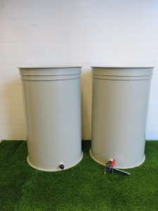 2 x Large Plastic Drums with Lids & Taps, Size H70 x Dia 44cm.