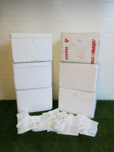 6 x Polystyrene White Boxes with Lids, Size H28 x W40 x D30cm & 10 x Ice Packs.