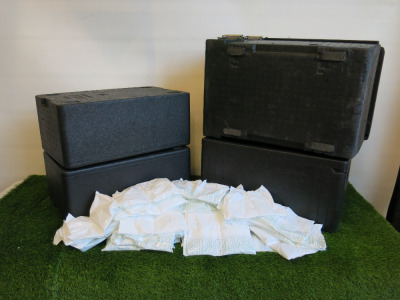 4 x Assorted Sized Polystyrene Black Boxes with Lids & 45 Hello Ice Packs.