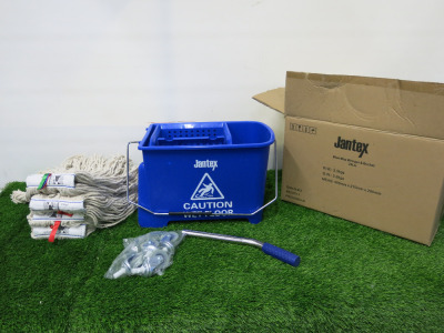 Boxed New Jantex Blue Mop Wringer & Bucket. Comes with 4 x Cotton Mop Standard Heads.