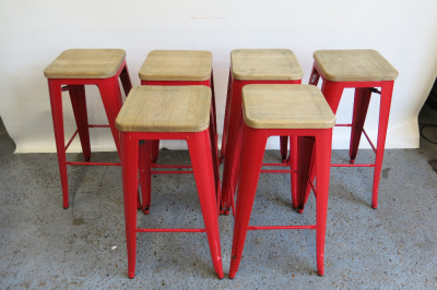 6 x Red Metal Stalls with Wooden Seats, Size H76cm.