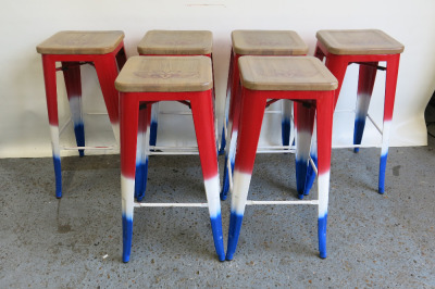 6 x Red, White & Blue Metal Stalls with V-ATE Branded on Wooden Seats, Size H76cm.