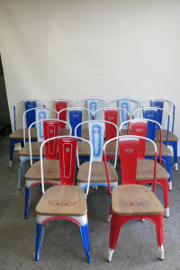 14 x Red, White & Blue Metal Chairs with Mini Motif, Size H82cm.