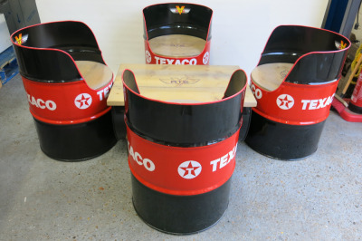 Set of 4 Texaco Branded Oil Drum Seats, Size H80 x Dia 57cm with Oil Drum Coffee Table, Size H48 x W91 x D60cm.