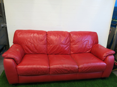 3 Seater Red Leather Sofa. Size H87 x W210 x D93cm.