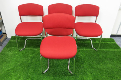 4 x Stacking Cantilever Office Chairs with Red Upholstered Seats.