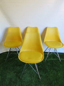 4 x Eames Style DSR Plastic Yellow Chair with Padded Seat on Chrome Metal Frame.