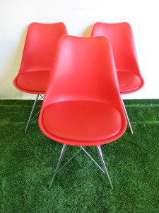 3 x Eames Style DSR Plastic Red Chair with Padded Seat on Chrome Metal Frame.