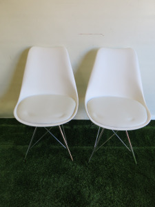 2 x Eames Style DSR Plastic White Chair with Padded Seat on Chrome Metal Frame.