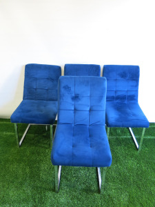 4 x Cantilever Reception Chairs Upholstered in Blue Crushed Velour. NOTE: 1 x back requires attention (As Viewed/Pictured).