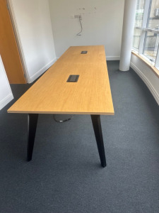 Calibre Rectangular Meeting Table with 2 x Flip Up Power Units, Oak Veneer Top & Black Oak Legs. Size H75 x W360 x D100cm. YOM & Delivered 03/23. NOTE: Collection By Appointment, Address SW18 1AZ.