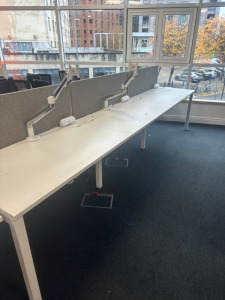 Quantity of Calibre Bench Desk Office Furniture to Include: 1 x Matrix Eight Person Bench Desk Finished in White, Overall Size H75 x W480 x D140cm, 1 x Calibre Matrix Six Person Bench Desk Finished in White, Overall Size H75 x W3600 x D140cm, 3 x Calibre 