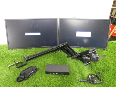 2 x Dell PC Monitors, Model P2217H with Dual Monitor Arm, Dell D3100 Docking Station & Power Supplies.