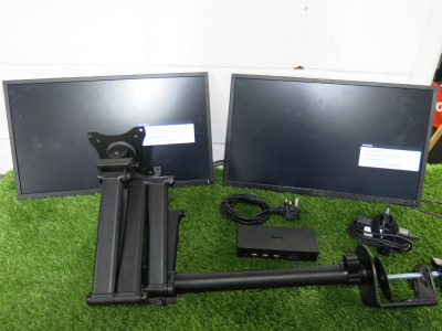 2 x Dell PC Monitors, Model P2217H with Dual Monitor Arm, Dell D3100 Docking Station & Power Supplies.