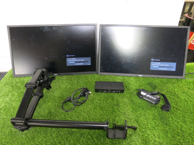 2 x Dell PC Monitors, Model SE2422H with Dual Monitor Arm, Dell D3100 Docking Station & Power Supplies.