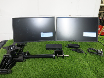 2 x Dell PC Monitors, Model P2217H with Dual Monitor Arm, Dell D3100 Docking Station & Power Supplies.