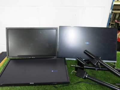 3 x PC Monitors to Include: 1 x Benq LED Senseye, 1 x ViewSonic VA2413vm, 1 x AOC Model 270LM00042. Comes with 2 x Double & 1 x Single Dual Monitor Arms.