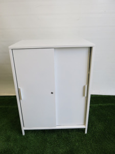 Ikea Trotten 2 Sliding Door Metal Cabinet in White with 2 Shelves. Size H110 x W 80 x D55cm.