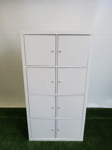 Ikea Kallax High Gloss 8 Door Wooden Cabinet in White, Size H148 x W77 x D39cm.