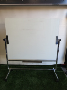 Mobile Double Sided Revolving Perspex Flip White Board with Chrome Frame. Size H182 x W60 x D24cm.