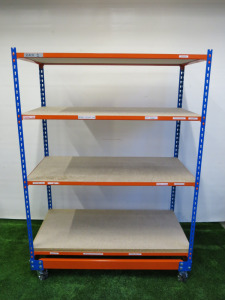 BigDug 340 Shelf Trolley in Blue & Orange with 5 x Chipboard Decks, Size H170 x W122 x D61cm.