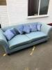 Borne Interiors 3 Seater Sofa Upholstered in Green Fabric on Black High Gloss Finish Feet with 6 Blue Crushed Velvet Cushions. Size H78cm x D85cm x W220cm - 2