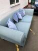 Borne Interiors 3 Seater Sofa Upholstered in Green Fabric on Black High Gloss Finish Feet with 6 Blue Crushed Velvet Cushions. Size H78cm x D85cm x W220cm - 5