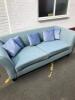 Borne Interiors 3 Seater Sofa Upholstered in Green Fabric on Black High Gloss Finish Feet with 5 Blue Crushed Velvet Cushions. Size H78cm x D85cm x W220cm - 4