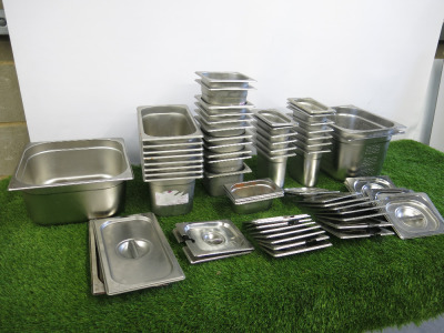 40 x Assorted Sized GN Stainless Steel Gastronorm Containers with 25 x Assorted Sized Lids.