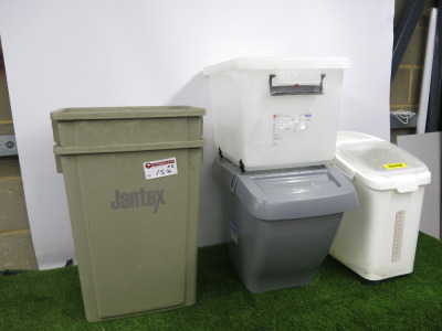 Quantity of Plastic Bins, to Include: 2 x Jantex Bins, 2 x Flower Bins & 1 x Plastic Bin on Wheels.