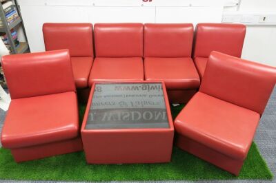 Set of Gresham Office Reception Furniture to Include: 6 x Red Faux Leather Chairs with Square Red Coffee Table.