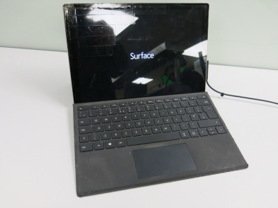 Windows Microsoft Surface Pro 4. Model 1724. Running Windows 11 Pro. Intel Core i5-6300U, CPU @ 2.40GHz, 8GB RAM, 256GB SSD. Comes with Power Supply. NOTE: Screen Cracked, Battery Fault. (As Viewed).