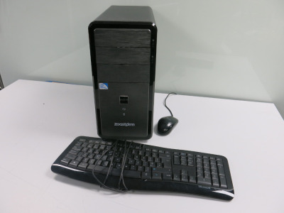 ZoomStorm PC. Running Windows 10 Home. Intel Celeron, CPU G1840 @ 2.80GHz, 4GB RAM, 320GB HDD. Comes with Keyboard & Mouse