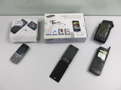 Assorted Mobile Phones, to Include: Samsung SGH-F480 in Ice Silver in Original Box, Nokia 222 in Black, Comes in Original Box. Retro Nokia Mobile Phone, comes in Case.