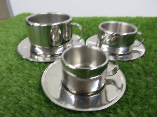 3 x Casalinghi Stainless Steel Assorted Size Coffee Cups & Saucers & 2 x Bowls with 1 x Lid.